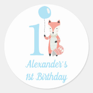 Sticker Rond Cute Whimsical Fox & Balloon Blue 1er anniversaire