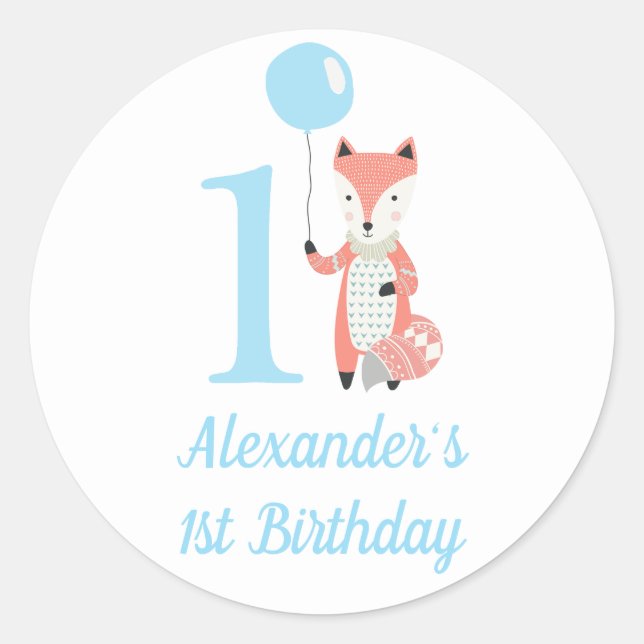 Sticker Rond Cute Whimsical Fox & Balloon Blue 1er anniversaire (Devant)