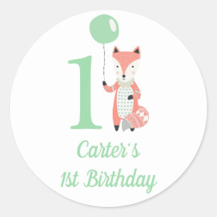 Sticker Rond Cute Whimsical Fox & Balloon Vert 1er Anniversaire
