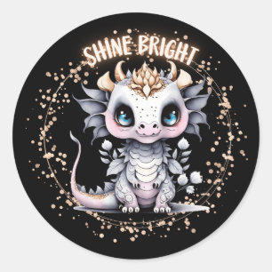 Sticker Rond Cute Whimsical Golden "Shine Bright" Petit Dragon