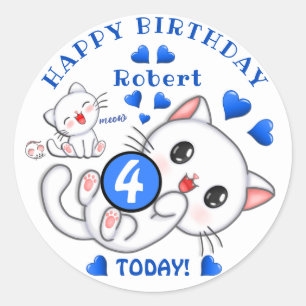Sticker Rond Cute White Kittens Nom et âge Anniversaire de l'en