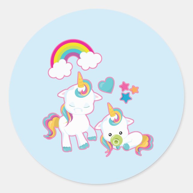 Sticker Rond Cute White Unicorns Magical Mama & Baby (Devant)