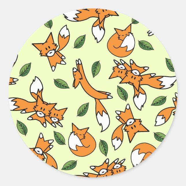 Sticker Rond Cute Wild Fox et Motif Leaf (Devant)
