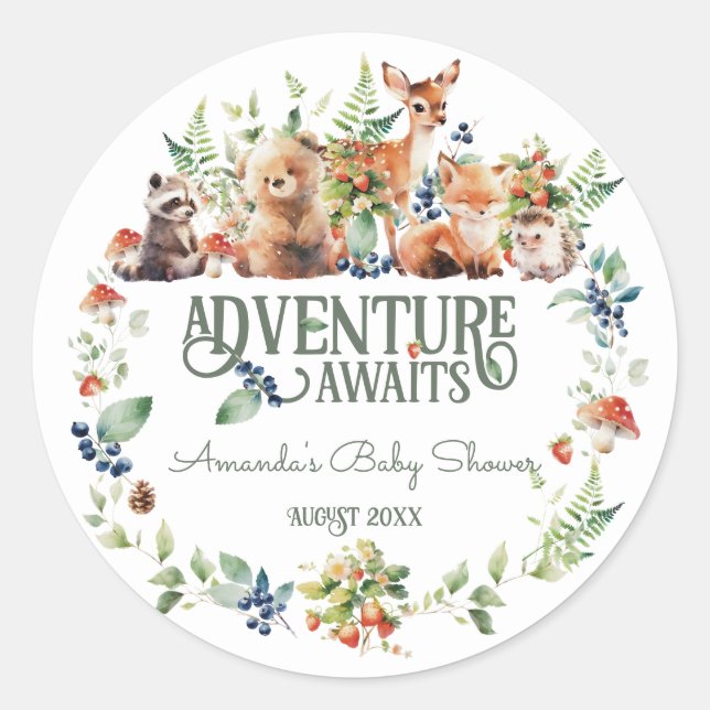 Sticker Rond Cute Woodland Animal Adventure Baby shower neutre (Devant)