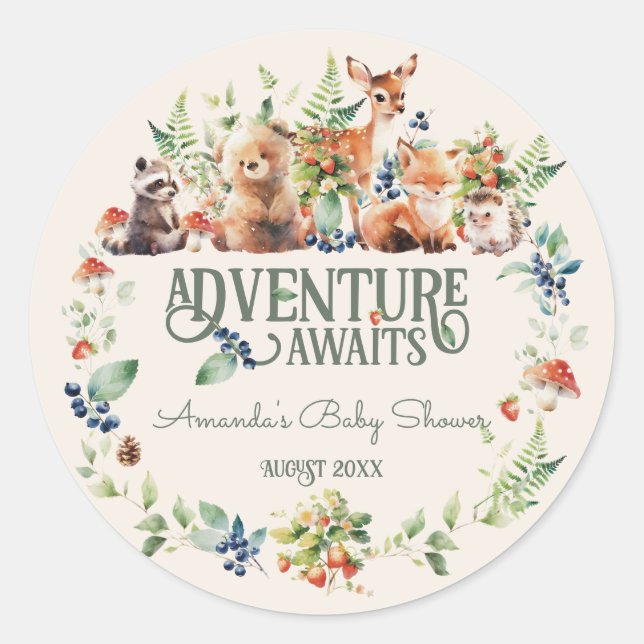 Sticker Rond Cute Woodland Animal Adventure Baby shower neutre (Devant)