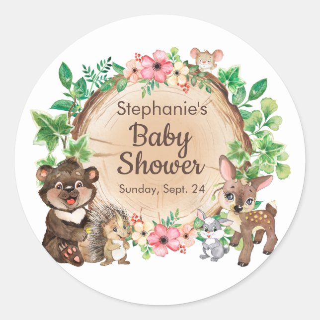 Sticker Rond Cute Woodland Rustic Watercolor Baby shower animal (Devant)