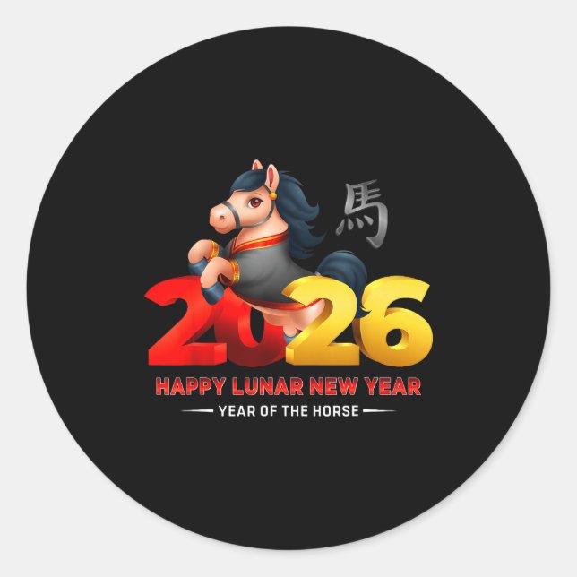 Sticker Rond Cute Year Of The Horse -black Fun Happy Lunar New  (Devant)