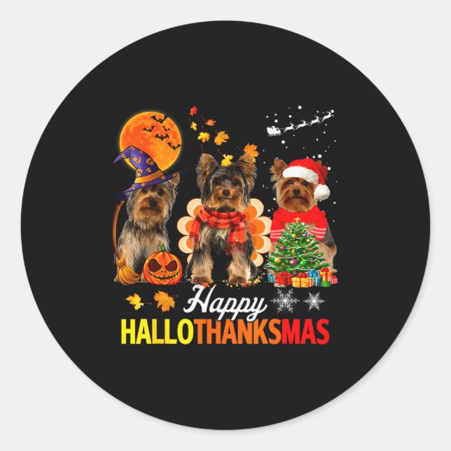 Sticker Rond Cute Yorkie Happy Hallothanksmas Halloween Thanksg (Devant)