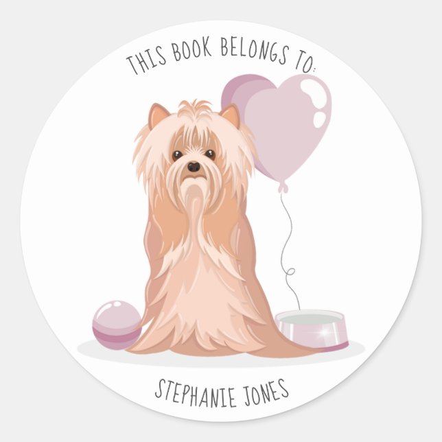 Sticker Rond Cute Yorkshire Terrier Ce livre appartient à (Devant)
