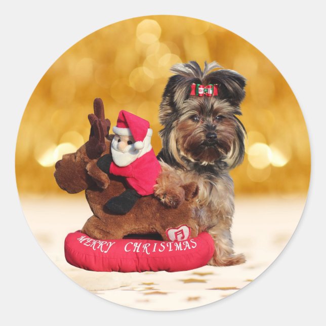 Sticker Rond Cute Yorkshire Terrier Joyeux Noël (Devant)