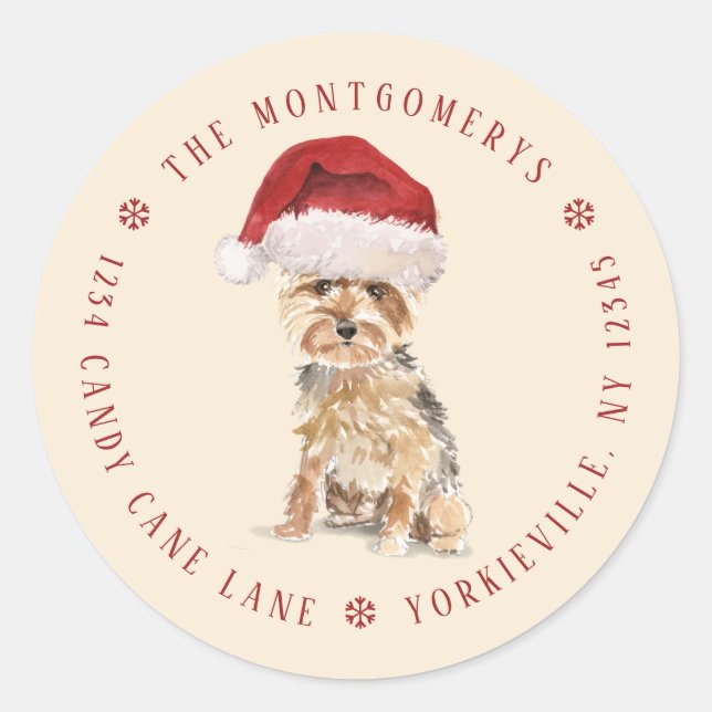 Sticker Rond Cute Yorkshire Terrier Noël Adresse de retour (Devant)