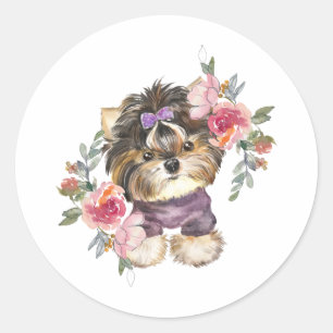 Sticker Rond Cute Yorkshire Terrier Yorkie et l'art des fleurs