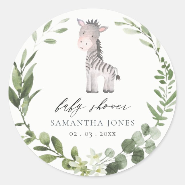 Sticker Rond Cute Zebra Green Foliage Baby shower de couronne (Devant)