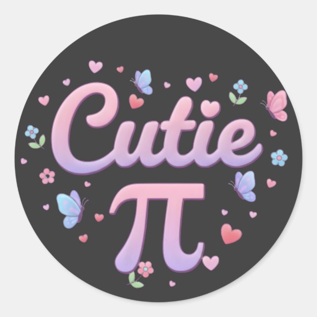 Sticker Rond Cutie Pi Symbol Math Pun Pink Butterfly Hearts (Devant)