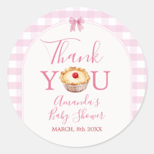 Sticker Rond Cutie Pie Rose En vichy Baby shower Merci