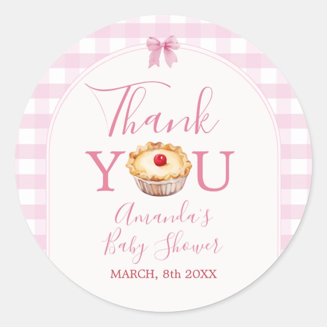 Sticker Rond Cutie Pie Rose En vichy Baby shower Merci (Devant)