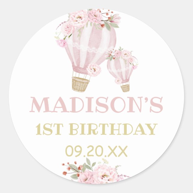 Sticker Rond Cuties Flower Hot Air Balloon Girl 1er anniversair (Devant)