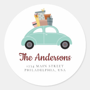 Sticker Rond Cyan Holiday Car avec pile de cadeaux Adresse