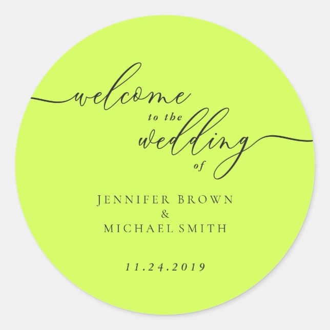 Sticker Rond Cyber Lime Jet Black Signature Welcome to Wedding (Devant)
