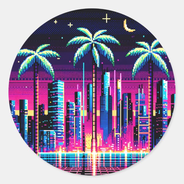 Sticker Rond Cyber Palmes : Neon Nightscape (Devant)