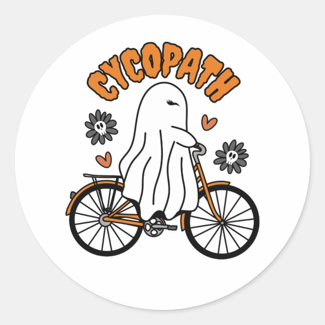Sticker Rond Cycopath Halloween fantôme sur un vélo orange (Devant)