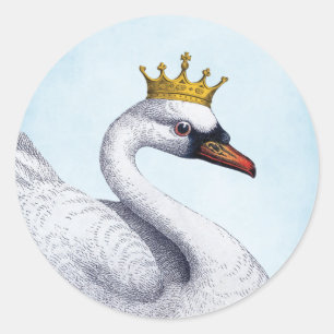 Sticker Rond Cygne blanc avec la couronne vintage d'or
