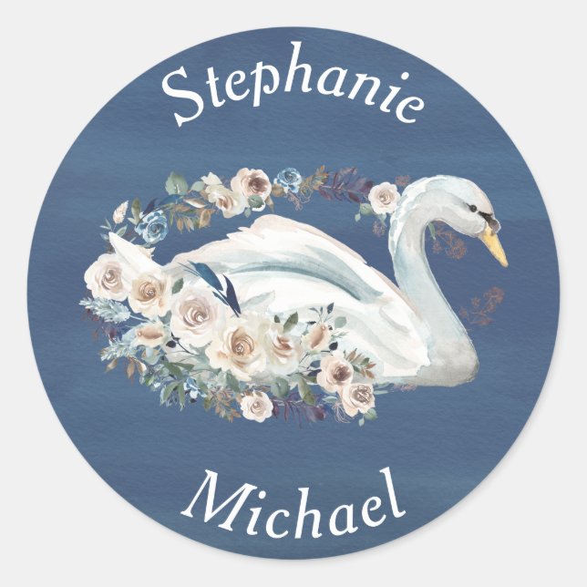Sticker Rond Cygne floral blanc sur Mariage bleu (Devant)