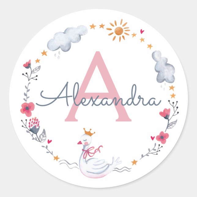 Sticker Rond Cygne rose mignon & couronne de fleurs de soleil a (Devant)