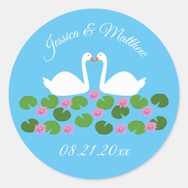 Sticker Rond Cygnes blancs et nénuphars Mariage personnalisé (Devant)