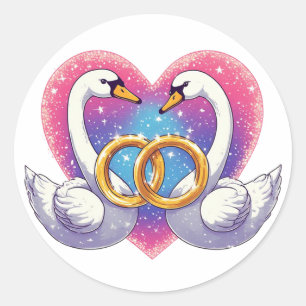 Sticker Rond Cygnes romantiques avec forme de cœur, anneaux de