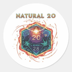 Sticker Rond D20 enflammé 20 Naturel   Épique D&D Critique