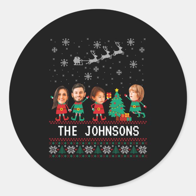 Sticker Rond D Funny Face Photo Christmas Elf Family  (Devant)