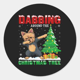 Sticker Rond Dabbing Autour De L'Arbre De Noël Yorkie Chien Noë