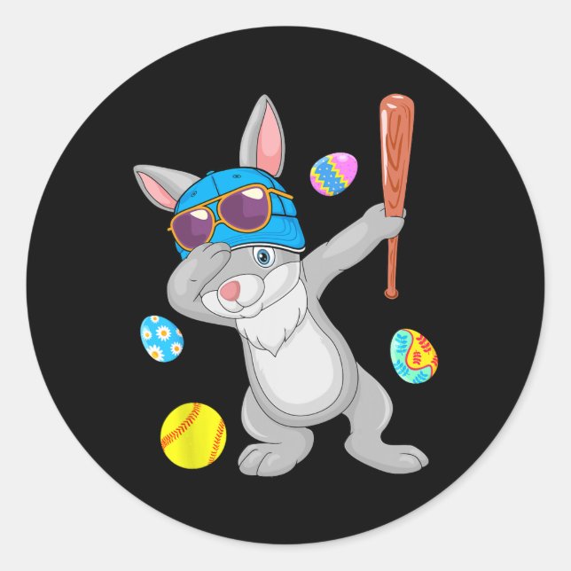 Sticker Rond Dabbing Bunny Jouer Softball Costume de Pâques Jou (Devant)
