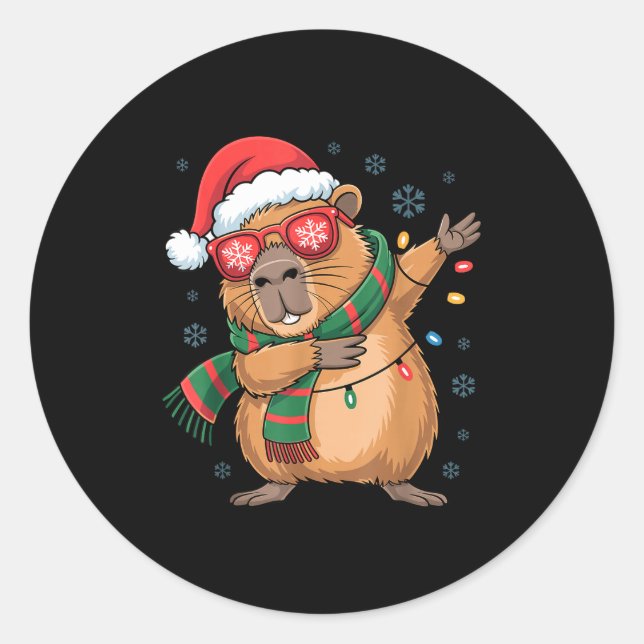 Sticker Rond Dabbing Capybara Christmas Santa Hat Funny Holiday (Devant)