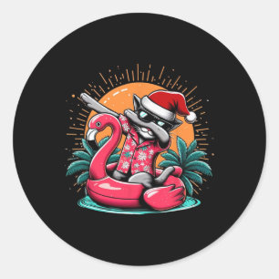 Sticker Rond Dabbing Chat Noël En Juillet Flamant rose Hawaiien