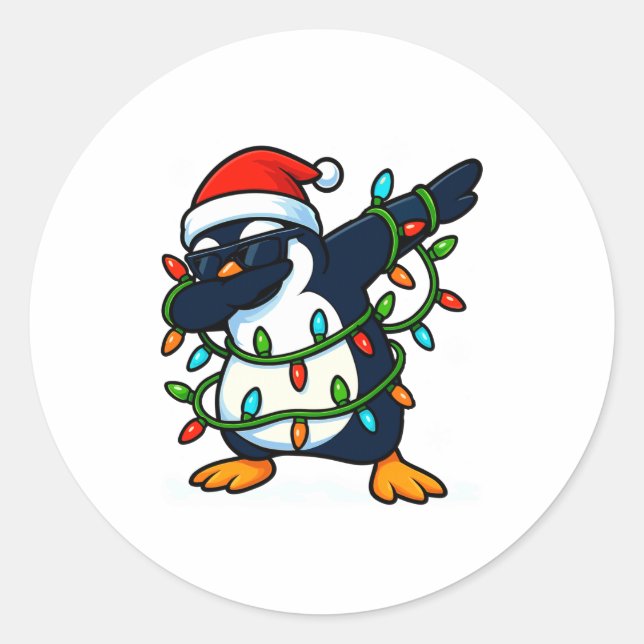Sticker Rond Dabbing Penguin Christmas Girls Xmas Lights Boys C (Devant)