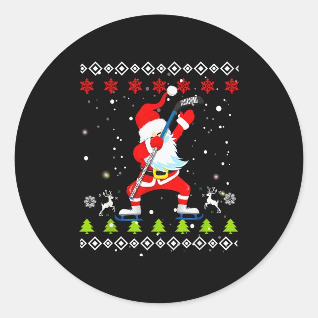 Sticker Rond Dabbing Santa Hockey Ugly Christmas Sweater Xmas  (Devant)