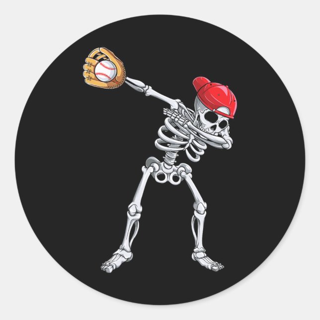 Sticker Rond Dabbing Skeleton Baseball Halloween joueur attrape (Devant)