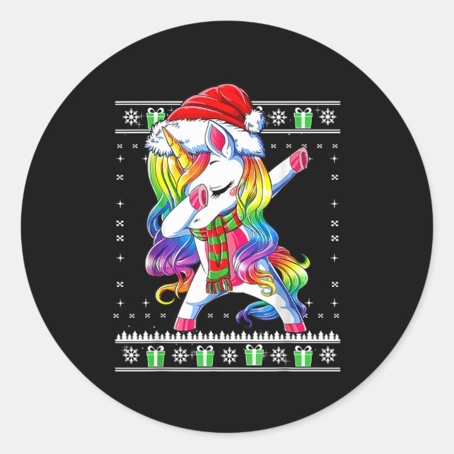 Sticker Rond Dabbing Unicorn Santa Sweater Christmas Ugly Kids  (Devant)