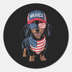 Sticker Rond Dachshund 4 juillet Drapeau américain États-Unis D