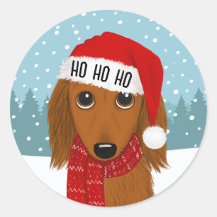 Sticker Rond Dachshund à cheveux longs Père Noël - Chien de Noë