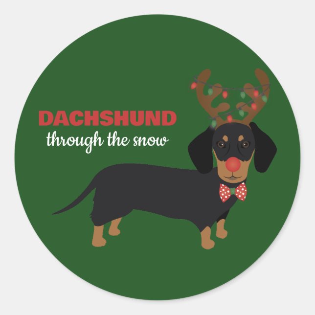 Sticker Rond Dachshund À travers la neige mignonne Doxie Reinde (Devant)