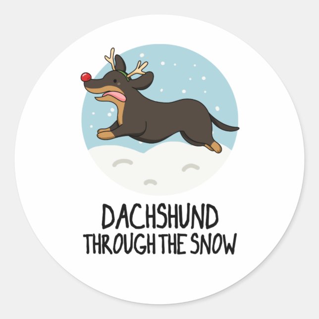 Sticker Rond Dachshund À Travers Le Jeu De Noël De Neige Drôle (Devant)