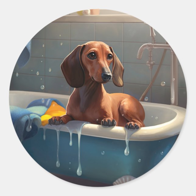 Sticker Rond Dachshund Bathtime Fun (Devant)