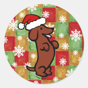 Sticker Rond Dachshund Cartoon de Noël Snowflakes