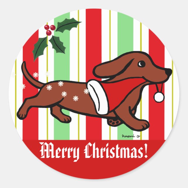 Sticker Rond Dachshund Cartoon de Noël Snowflakes (Devant)