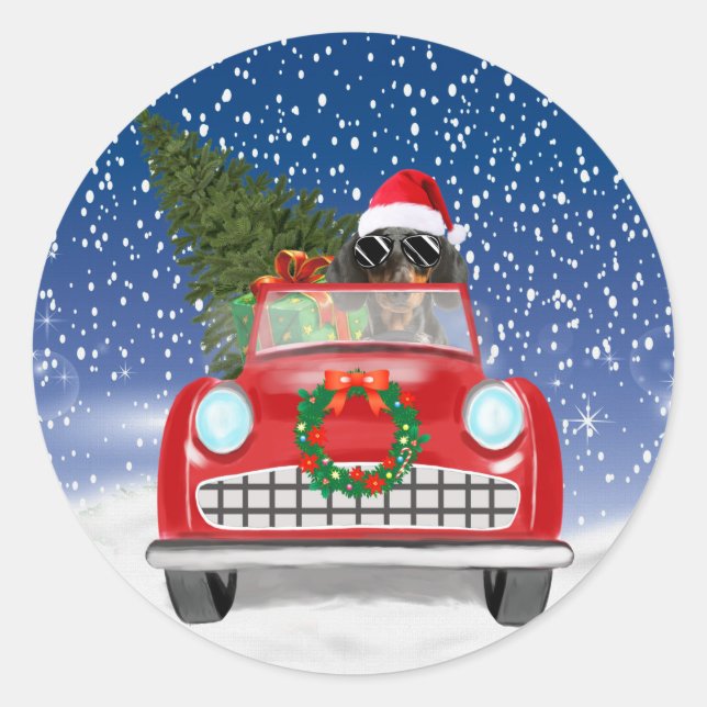 Sticker Rond Dachshund Chien Conduite Voiture En Noël De Neige (Devant)