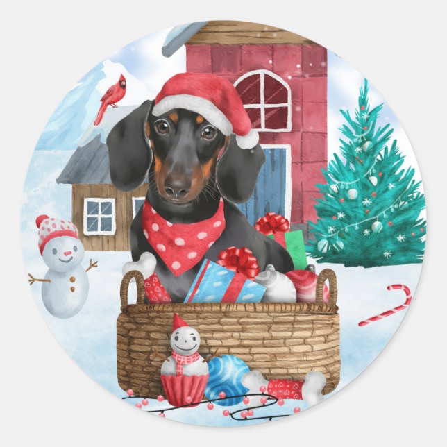 Sticker Rond Dachshund Chien dans la neige Maison de Chien de N (Devant)