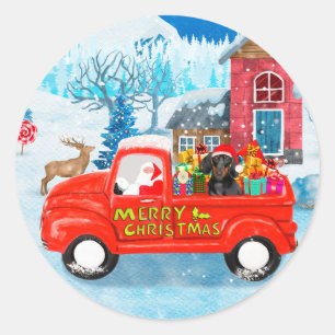 Sticker Rond Dachshund Chien en livraison de Noël Camion Neige